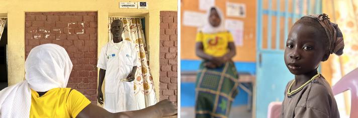 A girl and her sister wait for a malaria test at the EU-funded health centre run by IMC with EU humanitarian funding.