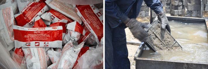 Transforming ready-to-use-therapeutic-food packaging into bricks in N'Djamena, Chad.   