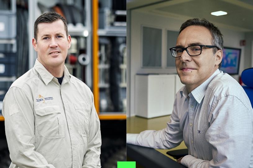 Two split photos with man on the left in uniform, man on the right working at a computer